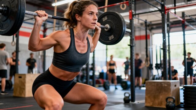 Woman performing barbell squat in gym