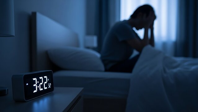 A man struggles with sleeplessness and anxiety in the dark hours of the early morning
