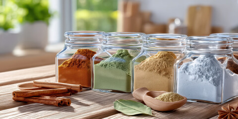 Spice jars with colorful powders and cinnamon sticks on wooden table in natural light