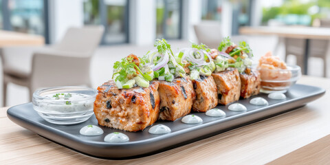 Grilled chicken kebab with fresh herbs and creamy sauce served on black plate