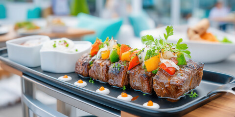 Grilled beef kebab with colorful vegetables and creamy sauce served on black plate