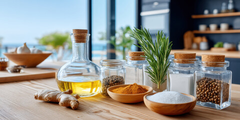 Glass jars with spices and herbs on wooden kitchen counter with natural light