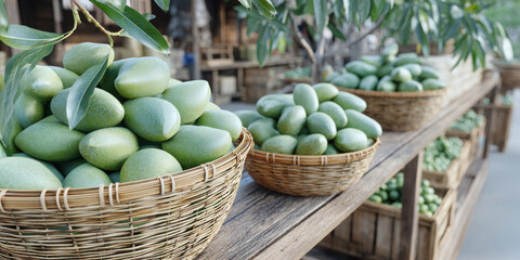 Green mango fruit in woven basket on wooden table with natural light