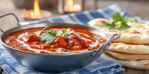 Butter chicken curry served in metal bowl with naan bread and fresh cilantro