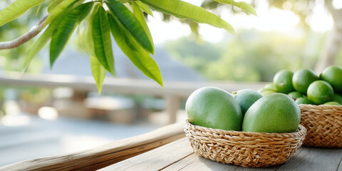 Green mango and lime fruit in basket on wooden table with natural light
