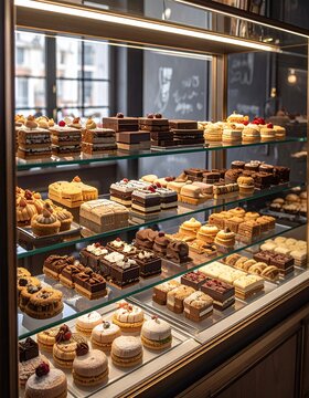 Delicious Pastries Displayed in a Glass Showcase at a Bakery.