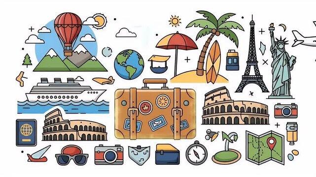 Travel Icons Suitcase Airplane Cruise Ship Eiffel Tower Globe World Landmarks