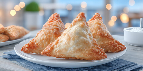 Crispy golden fried samosa trio served on white plate with creamy dip and blurred background