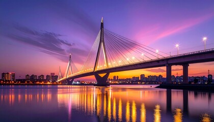 Obraz premium Cable-stayed bridge at vibrant purple and orange sunset with calm water reflection, urban cityscape background, serene atmosphere, realistic photography style.