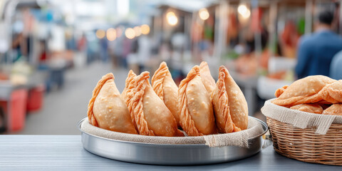 Crispy golden samosas arranged neatly on metal tray with basket of fried snacks nearby