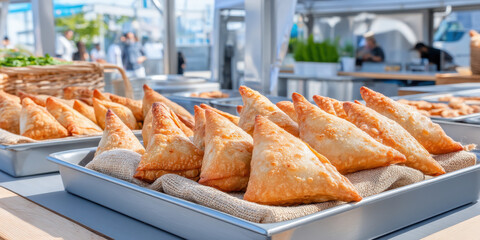 Crispy golden samosas arranged neatly on metal trays in bright market setting