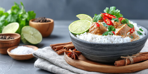 Rice bowl with creamy curry, lime slices, chili, and fresh herbs served with spices