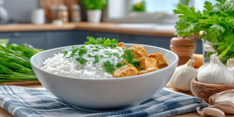 Creamy curry with rice and fresh herbs served in bowl on kitchen table with garlic