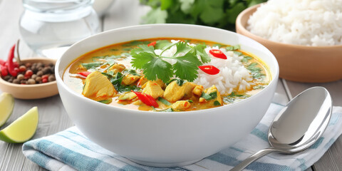 Creamy chicken curry with rice and fresh herbs in white bowl