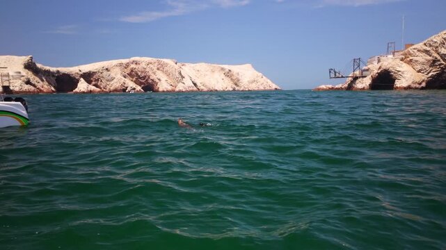 Sea lion jumping out of water at ballestas islands in peru