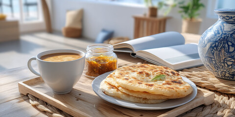 Flatbread with coffee and jam on wooden tray in cozy living room setting