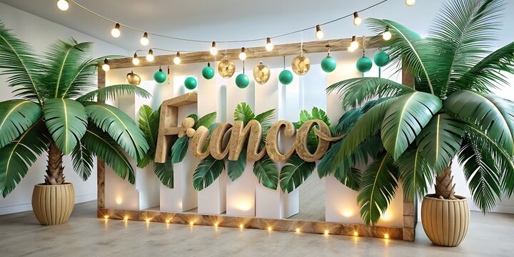 Vibrant tropical decoration with 'Franco' sign and string lights