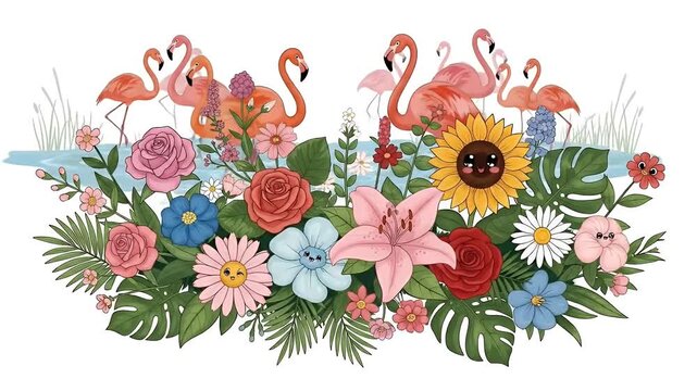Tropical Flamingo Flock And Vibrant Flowers Border Summer Nature Scene
