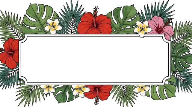 Tropical Hibiscus Floral Border Frame Green Leaves White Space