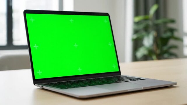 A laptop with a green screen rests on a wooden desk, with a blurred background of a room