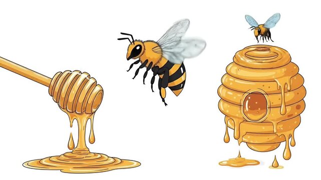 Two animated bees flying near a honeycomb and dripping honey footage