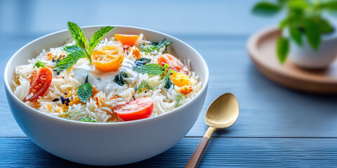 Fresh rice salad with cherry tomato and mint leaves served white bowl with golden spoon blue