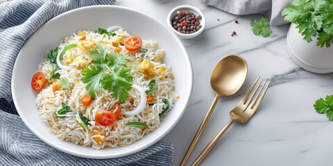 Vegetable fried rice with cherry tomato and fresh herbs served with gold cutlery on marble