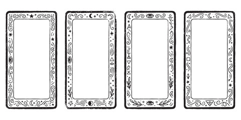 vertical mystical frames featuring celestial and magical elements such as moons, stars, suns, eyes, and swirls arranged in a tarot card or phone screen border design in a hand-drawn sketch style