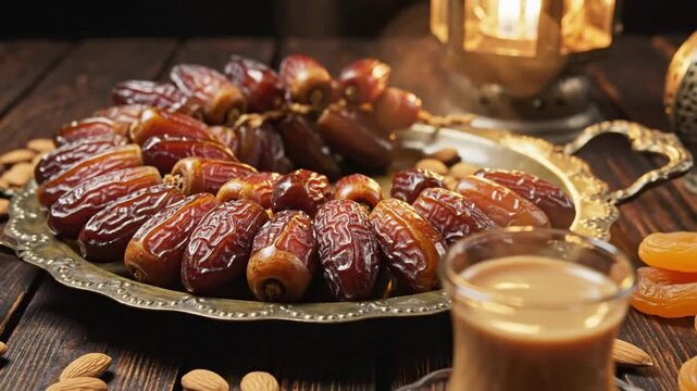 A plate of dates and a cup of coffee on a wooden table with nuts and a lantern in the background