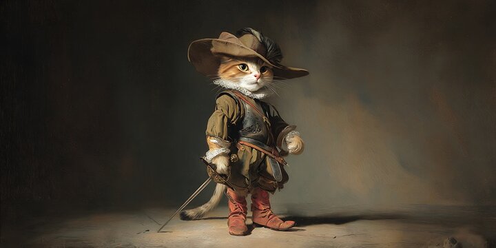 Regal Feline with Sword: This portrait presents a distinguished cat, attired in gallant garb, showcasing poise with a sword. It's a tribute to courage, pride, and the charm of a feline warrior.