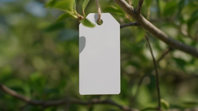 Blank white label hanging from a tree branch with green leaves.