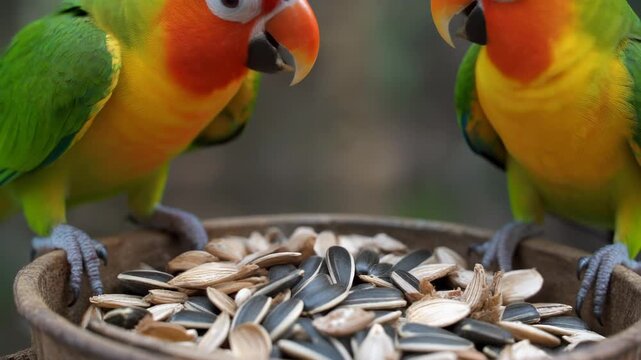 Two vibrant parrots feeding on sunflower seeds from a basket.