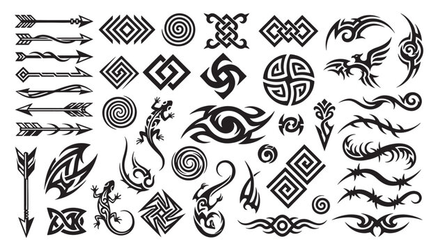 Neo Tribal vector ornaments and animal figures including a lion and a wolf, featuring sharp geometric swirls and curves in a tattoo flash style.