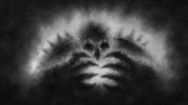 Dark horror 2D animation. Abstract Vj looped video clip. Horror fantasy genre. Halloween ghost short animated movie. Scary thing silhouette in fog. Spooky visions of hell. Black and white background.