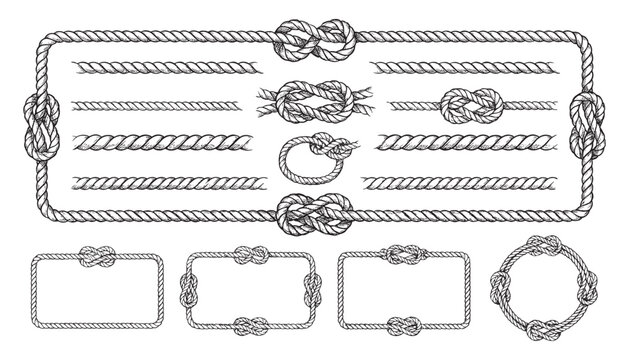 A nautical illustration set featuring various rope frames, sailor knots, and marine cord borders arranged in rectangular and circular shapes in a hand-drawn vintage engraving style.