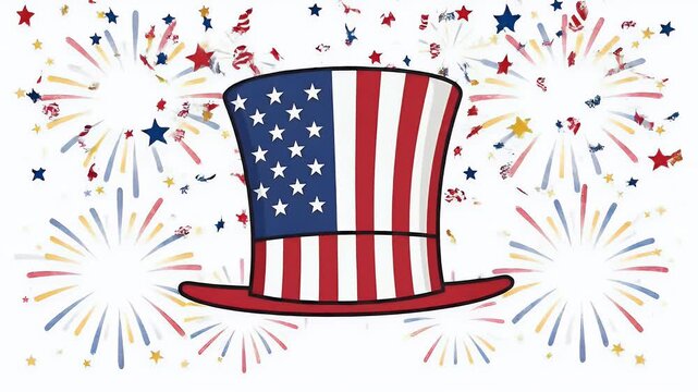 Uncle Sam Hat With Fireworks In Red White And Blue Colors