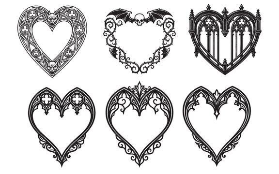 ornate heart-shaped frames adorned with skulls, bat wings, architectural arches, and intricate filigree details in a dark tattoo-inspired sketch style.