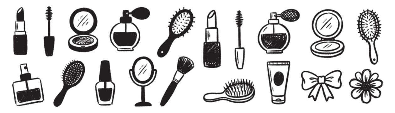 beauty and cosmetic items such as lipsticks, mascara wands, perfume bottles, hairbrushes, compact mirrors, and makeup brushes