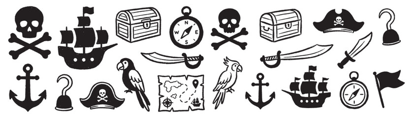 Fototapeta na wymiar Set of hand drawn doodle icons featuring pirate ship skull treasure chest and map.