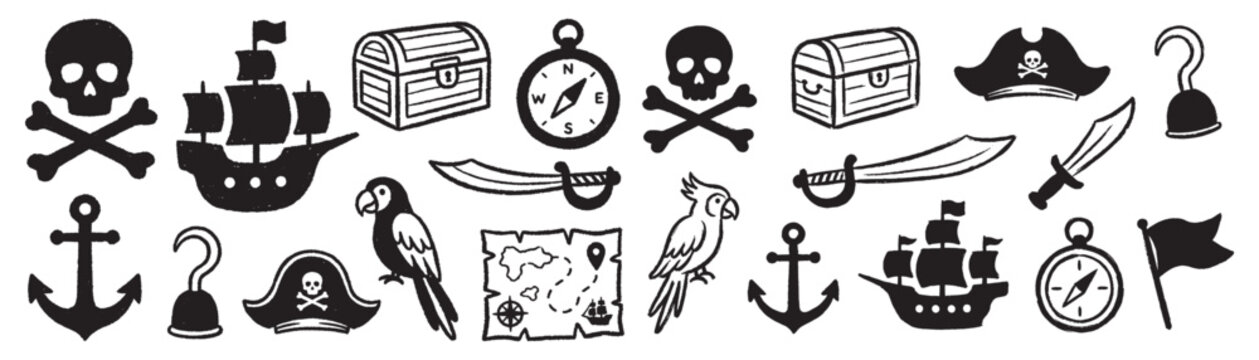 Set of hand drawn doodle icons featuring pirate ship skull treasure chest and map.