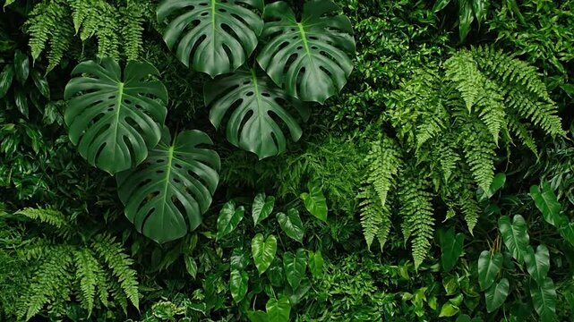 Lush green wall of various plants, including split-leaf philodendron & ferns