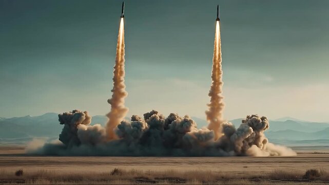 Two rockets launching from desert launchpad with smoke and flames, captured from a distant viewpoint in a technological environment