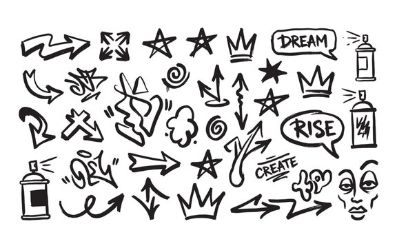 Set of hand drawn graffiti style doodle elements featuring arrows crowns and spray paint.