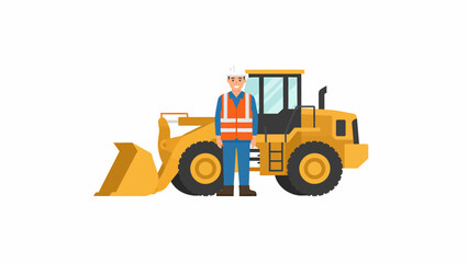 Fototapeta premium Illustration of a construction worker standing next to a yellow front-end loader on a white background.