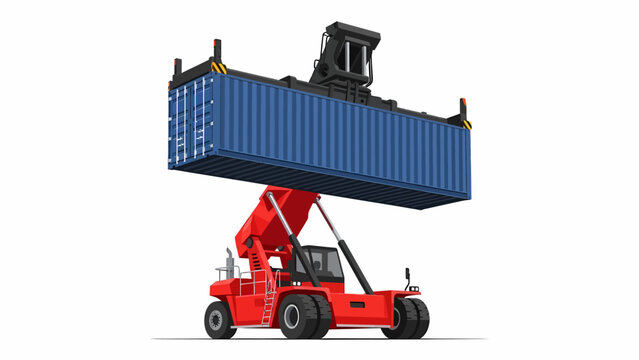 Red reach stacker lifting a blue shipping container on a white background, showcasing heavy lifting operations.