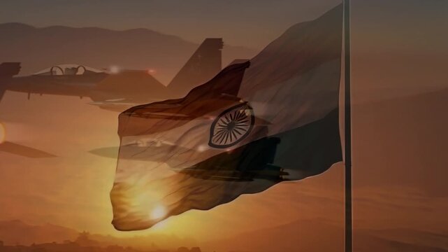 Indian Air force Soldier prepare for war. India flag background.