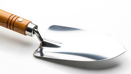 Fototapeta premium Close-up of a Gardening Trowel with a Polished Metal Blade and a Wooden Handle on a White Background
