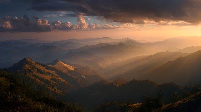A breathtaking mountain landscape at sunrise with sunbeams piercing through clouds - Powered by Adobe