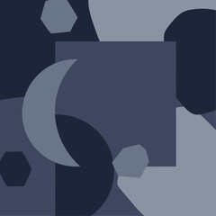 Abstract geometric shapes with crescent moon and hexagons in cool tones.