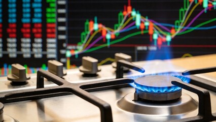 Gas stove burner lit with stock market chart in background